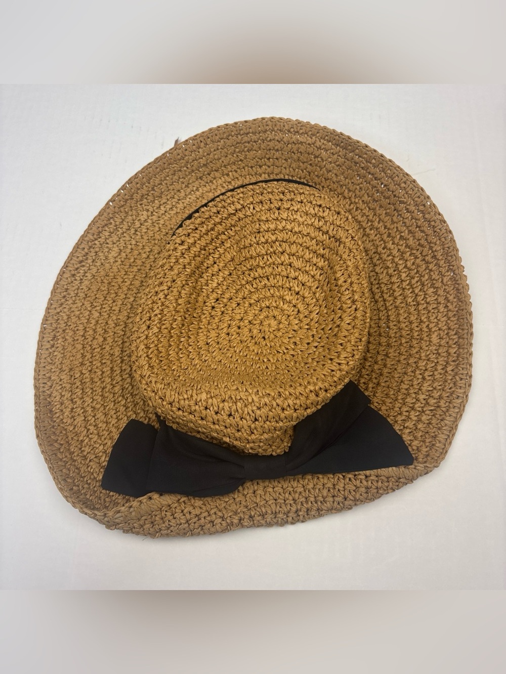 Sun N Sand Women Beach Hat Wicker Sun Black Ribbon Bow Wide Floppy Brim Tie